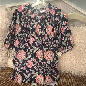 THML Navy Blouse with Coral and Sage Floral Design